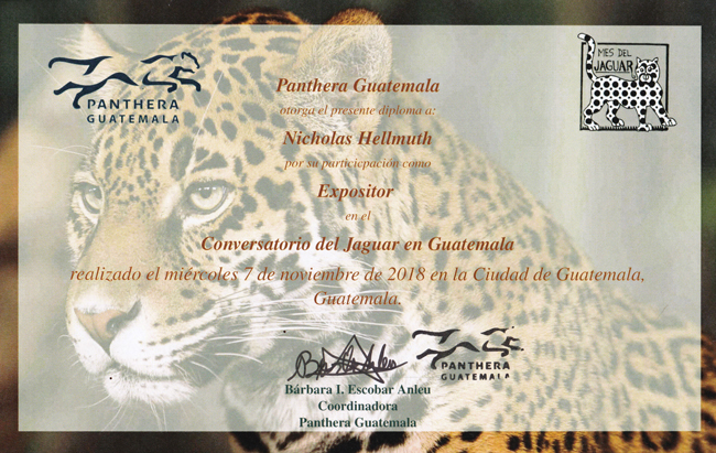 jaguar-lecture-Nov-7-2018-conference-Panthera-Guatemala-certificate-Nicholas-Hellmuth